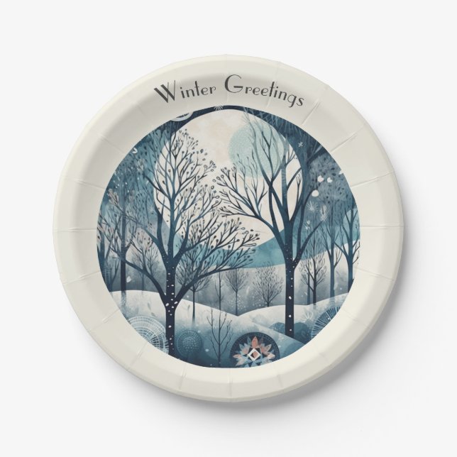 Custom Moonlit Nordic Forest Winter Night Paper Plate (Front)