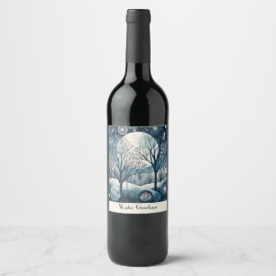 Custom Moonlit Nordic Forest Winter Night Wine Label