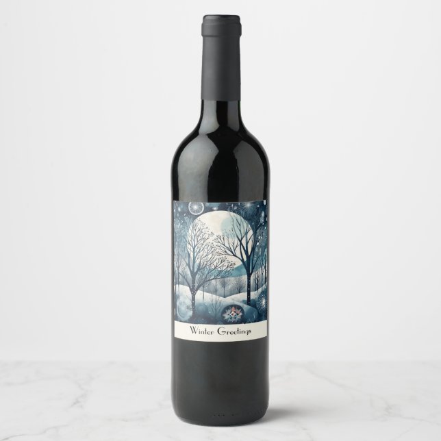 Custom Moonlit Nordic Forest Winter Night Wine Label (Front)