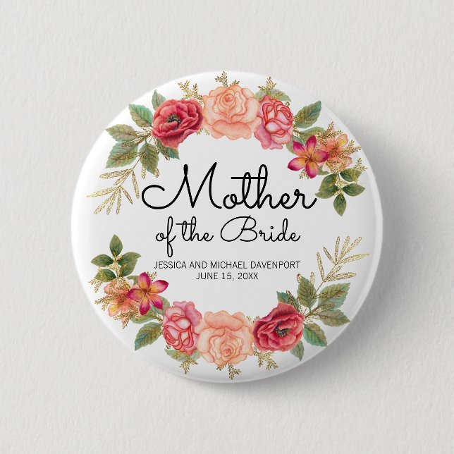 Custom Mother of the Bride Pink Red Floral Wreath 6 Cm Round Badge (Front)