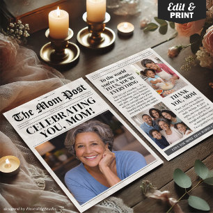 Custom Mothers Day Newspaper Card, Mum Birthday  Holiday Card