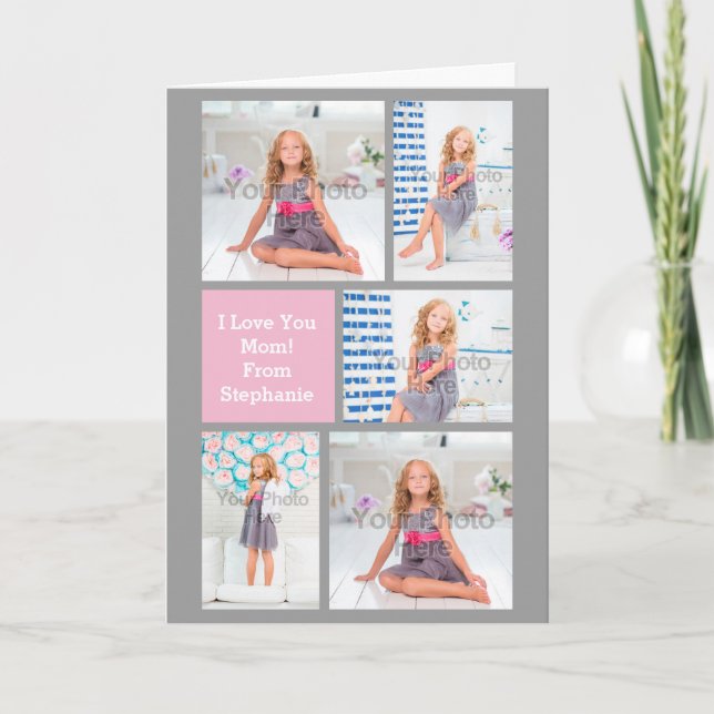 Custom Mothers Day Photo Collage Pink/Green/Grey Card (Front)