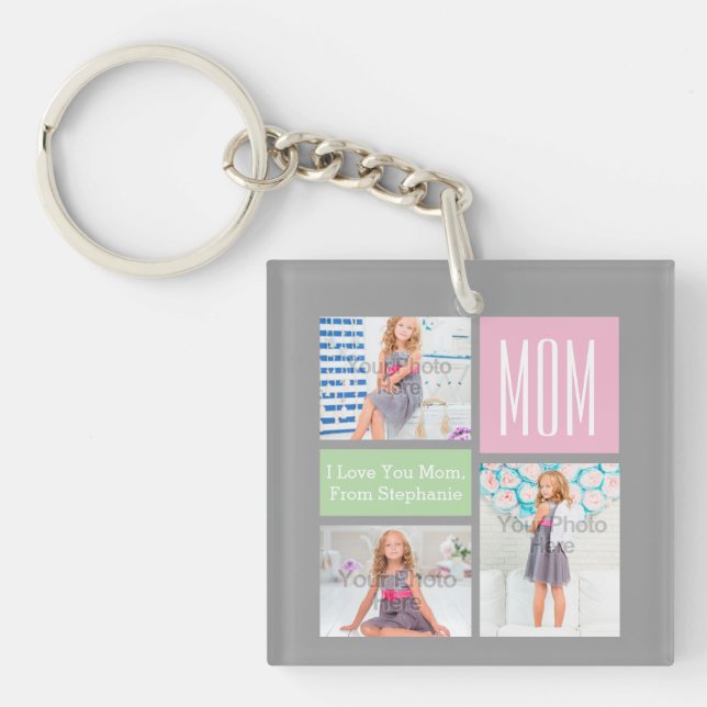 Custom Mothers Day Photo Collage Pink/Green/Grey Key Ring (Front)