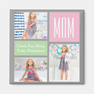 Custom Mothers Day Photo Collage Pink/Green/Grey Magnet