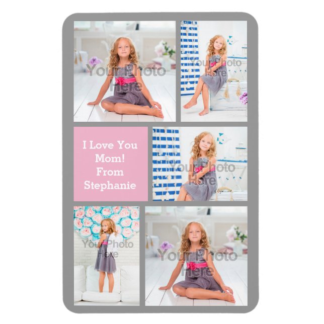 Custom Mothers Day Photo Collage Pink/Green/Grey Magnet (Vertical)