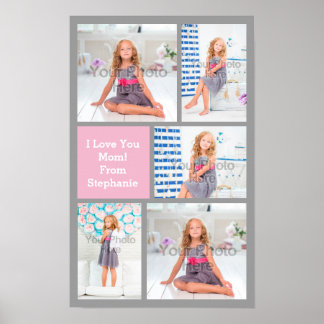 Custom Mothers Day Photo Collage Pink/Green/Grey Poster