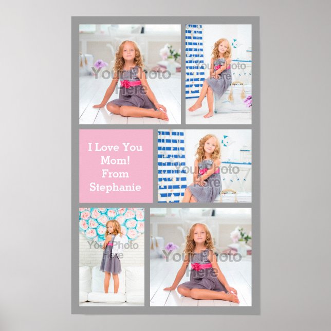 Custom Mothers Day Photo Collage Pink/Green/Grey Poster (Front)