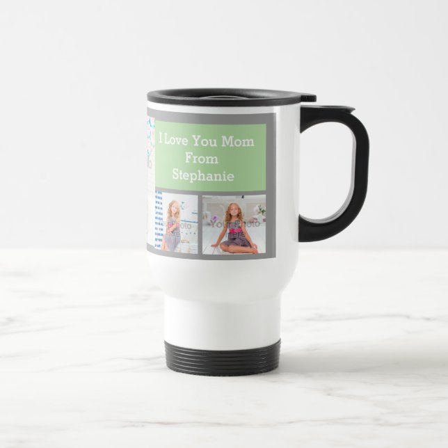 Custom Mothers Day Photo Collage Pink/Green/Grey Travel Mug (Right)