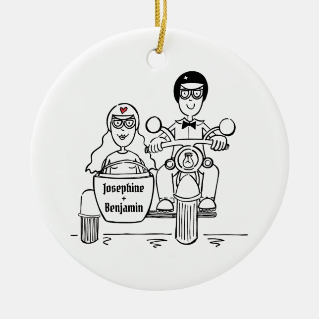 Custom Motorbike and Sidecar Wedding Gift Ceramic Ceramic Tree Decoration (Front)
