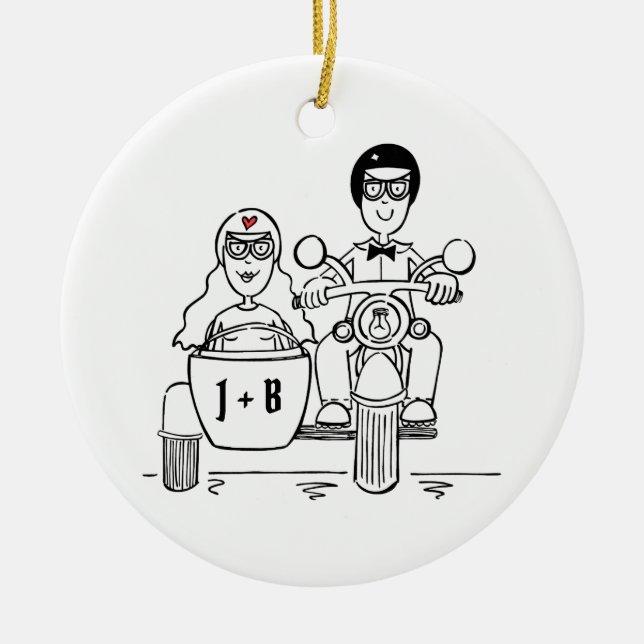 Custom Motorbike and Sidecar Wedding Gift Ceramic Ceramic Tree Decoration (Front)
