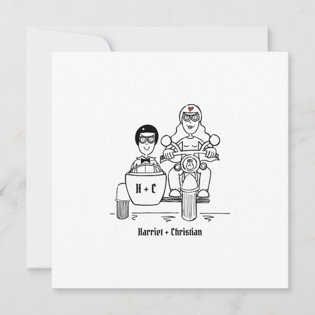 Custom Motorbike and Sidecar Wedding Invitation (Front)