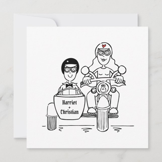 Custom Motorbike and Sidecar Wedding Invitation (Front)