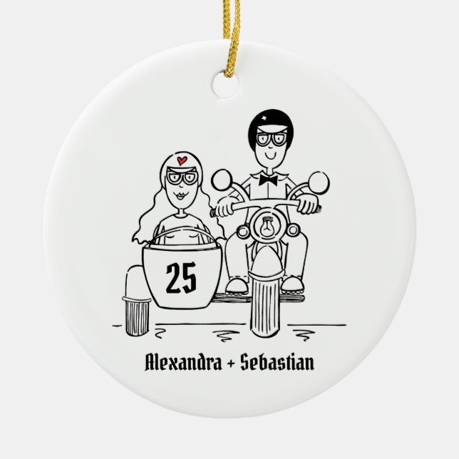 Custom Motorbike & Sidecar Wedding Anniversary Ceramic Tree Decoration (Front)