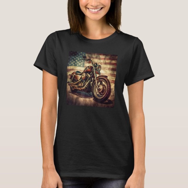 Custom Motorcycle Retro USA Flag Retro Biker Vinta T-Shirt (Front)