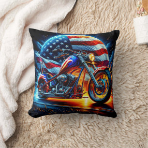 Custom motorcycle revving on a patriotic backdrop cushion