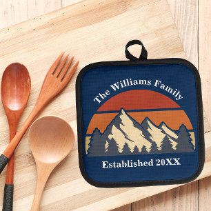 Custom Mountain Sunset Family Home Blue Log Cabin Pot Holder