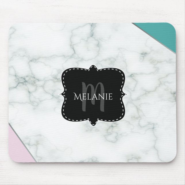 Custom Mouse Pad Pink Aqua Marble Monogram (Front)