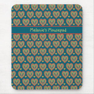 Custom Mousepad, Red, Green Hearts on Dark Teal Mouse Mat