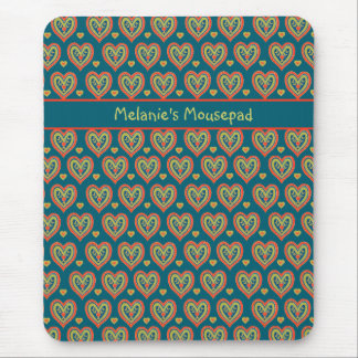 Custom Mousepad, Red, Green Hearts on Dark Teal Mouse Mat