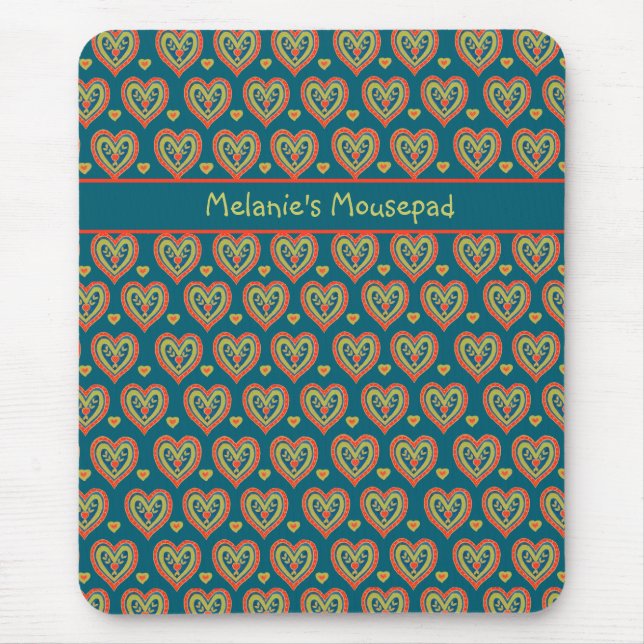Custom Mousepad, Red, Green Hearts on Dark Teal Mouse Mat (Front)