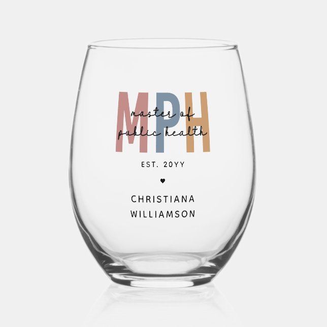 Custom MPH Master of Public Health Graduation Stemless Wine Glass (Front)