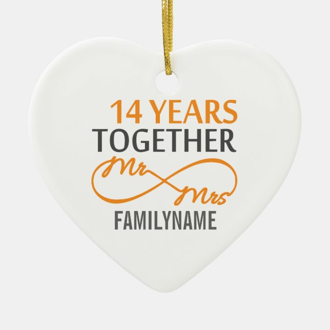 Custom Mr and Mrs 14th Anniversary Ceramic Tree Decoration (Front)