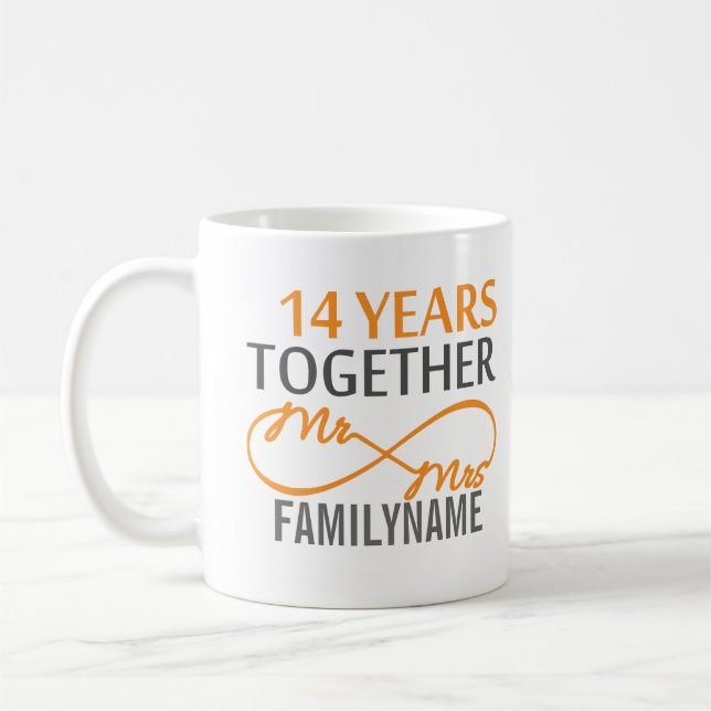 Custom Mr and Mrs 14th Anniversary Coffee Mug (Left)