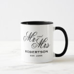 Custom Mr and Mrs coffee mug for newly weds<br><div class="desc">Custom Mr and Mrs coffee mug for newly weds.
Also great for engagement or anniversary celebration.
Stylish cup with black and white colours and script typography template.
Add your own date and surname.</div>