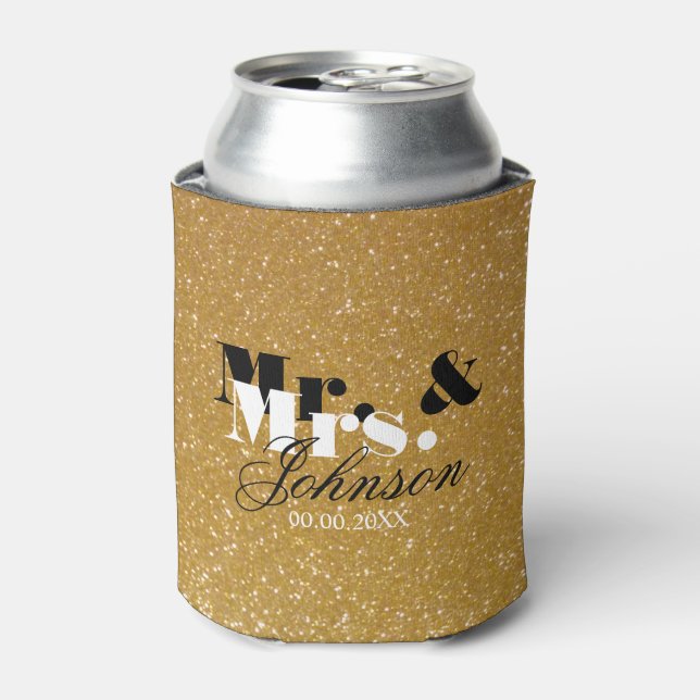 Custom Mr and Mrs gold glitter wedding can coolers (Can Front)