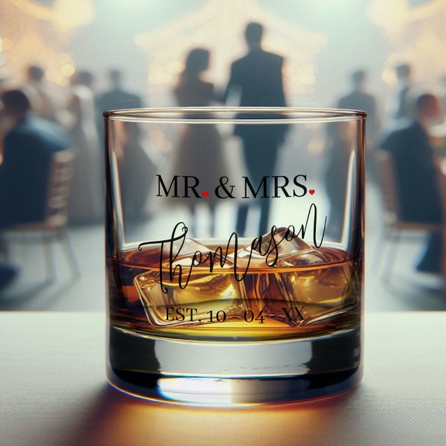 Custom Mr And Mrs Name Red Heart Black Text Font Whiskey Glass (Creator Uploaded)