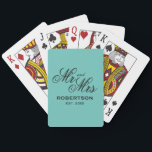Custom Mr and Mrs newlywed couple teal colour Playing Cards<br><div class="desc">Custom Mr and Mrs newly weds couple Playing Cards gift. Make one with personalised game cards. Elegant typography template for bride and groom,  party guests etc. Teal blue or custom colour. Great for casino or gambling themed marriages.</div>