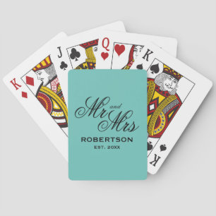 Custom Mr and Mrs newlywed couple teal colour Playing Cards