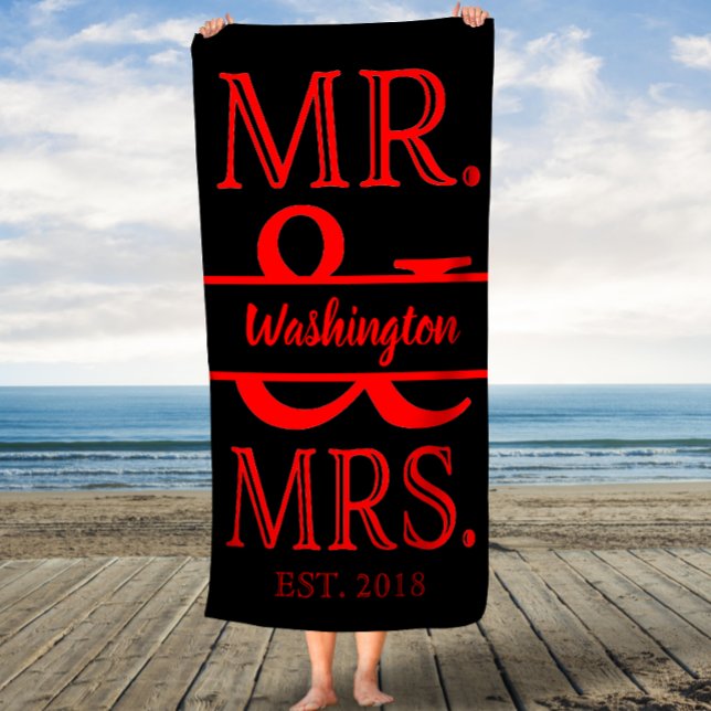 Custom Mr and Mrs Red Black Bath Towel (Creator Uploaded)