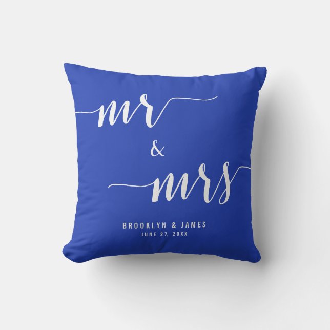 Custom Mr. and Mrs. Royal Blue Wedding Pillows (Front)