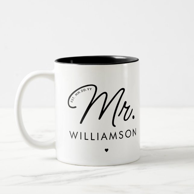 Custom Mr. Est. Modern Elegant Script Newlywed  Two-Tone Coffee Mug (Left)