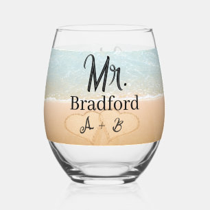 Custom Mr. Groom Beach Wedding Hearts in Sand Stemless Wine Glass