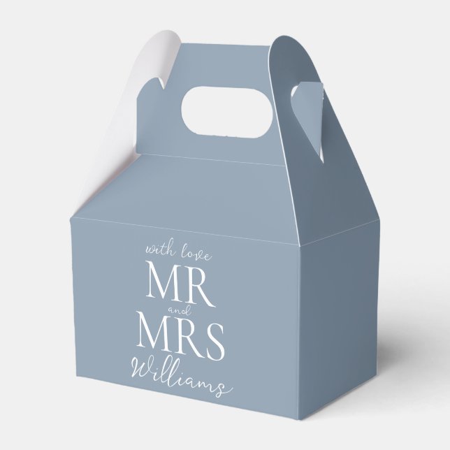 Custom Mr Mrs Dusty Blue Modern Wedding Favour Box (Front Side)