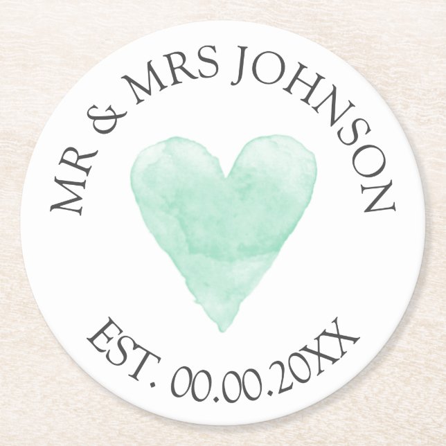Custom mr mrs mint heart wedding party coasters (Front)