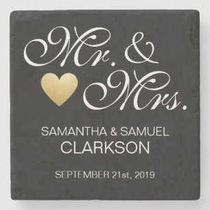 Custom MR. & MRS. White Black Heart Wedding Favour Stone Coaster