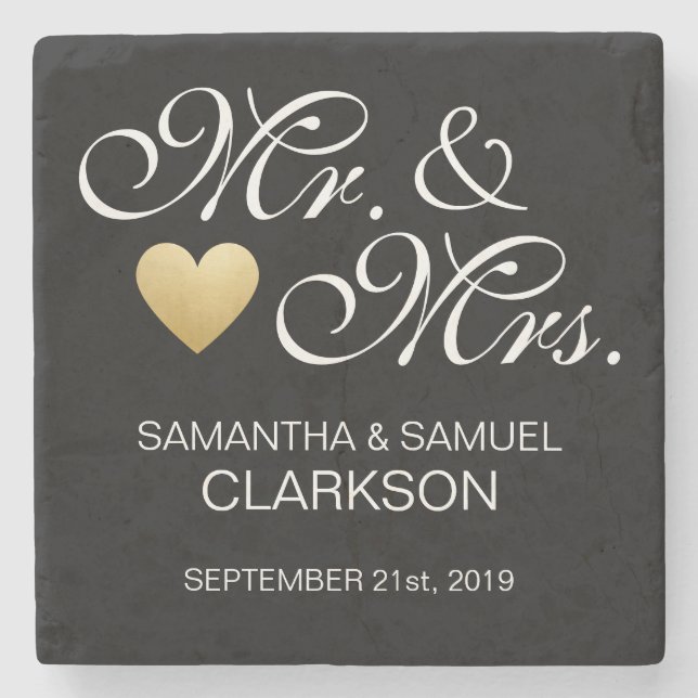 Custom MR. & MRS. White Black Heart Wedding Favour Stone Coaster (Front)