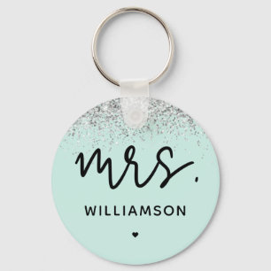 Custom Mrs. Elegant Wedding Glitter Confetti Key Ring
