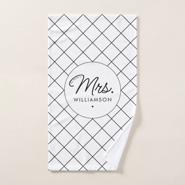 Custom Mrs. Est. Modern Elegant Script Newlywed Bath Towel Set (Hand Towel)