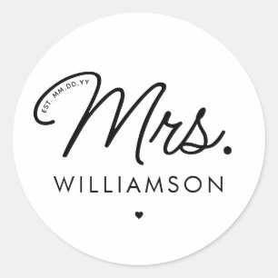 Custom Mrs. Est. Modern Elegant Script Newlywed Classic Round Sticker