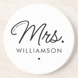 Custom Mrs. Est. Modern Elegant Script Newlywed Coaster