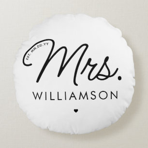 Custom Mrs. Est. Modern Elegant Script Newlywed Round Cushion