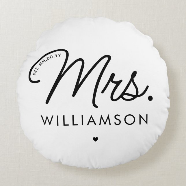 Custom Mrs. Est. Modern Elegant Script Newlywed Round Cushion (Front)