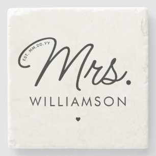 Custom Mrs. Est. Modern Elegant Script Newlywed Stone Coaster
