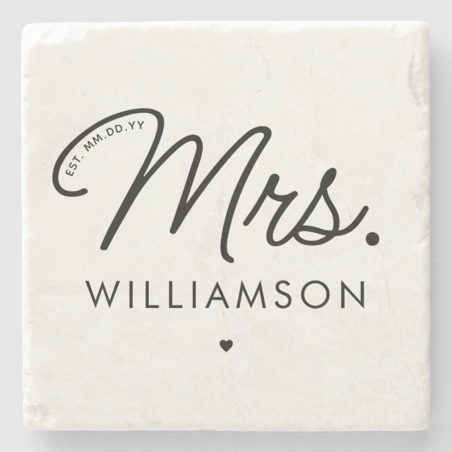 Custom Mrs. Est. Modern Elegant Script Newlywed Stone Coaster (Front)