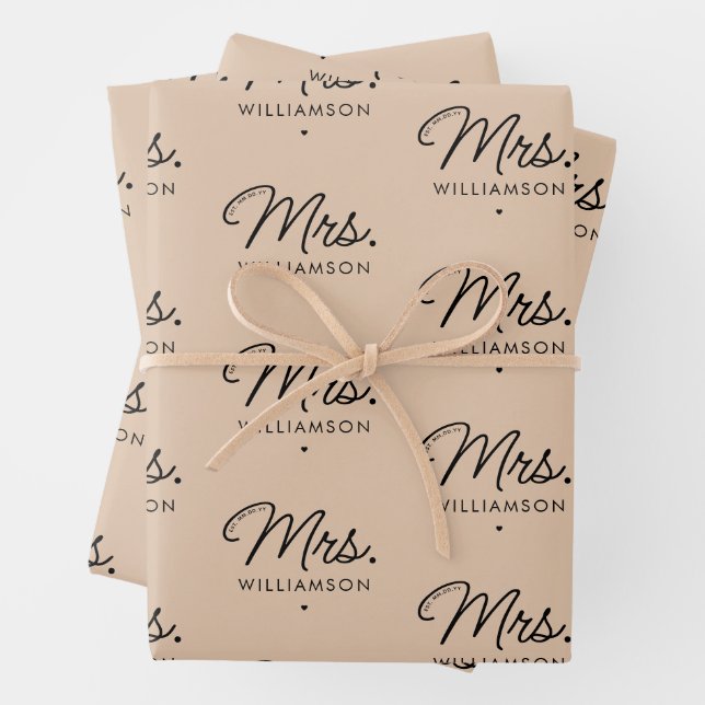 Custom Mrs. Est. Modern Elegant Script Newlywed Wrapping Paper Sheet (In situ)