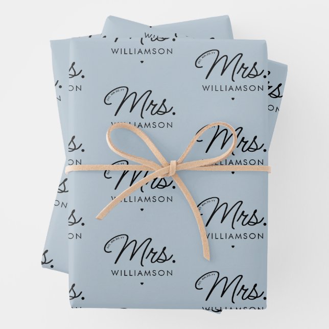 Custom Mrs. Est. Modern Elegant Script Newlywed Wrapping Paper Sheet (In situ)